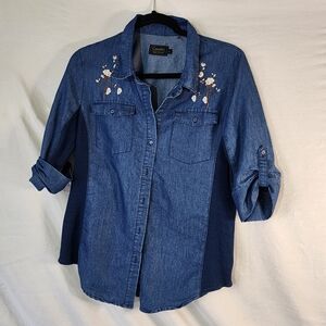 Cavalini Blue Denim Shirt with White Floral Embroidery